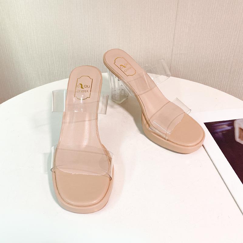 High-heeled slippers women's summer new one-word with PVC outer wear fashion crystal heel