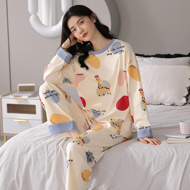 Autumn and Spring Long-Sleeve Women's Home Wear Pants Cartoon Set Pajamas for Ladies