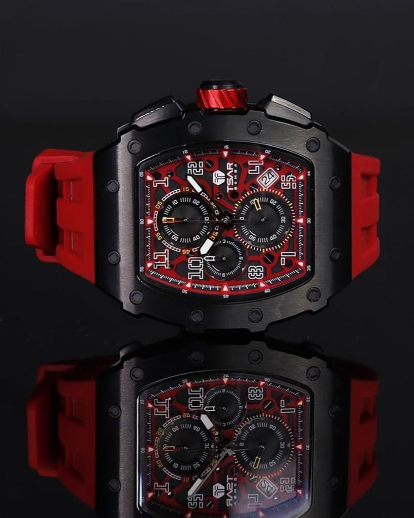 TSAR BOMBA Men's Tonneau Watch 50M Waterproof Sapphire Crystal Silicone Strap Japanese Movement Red Case Thickness 16.8mm