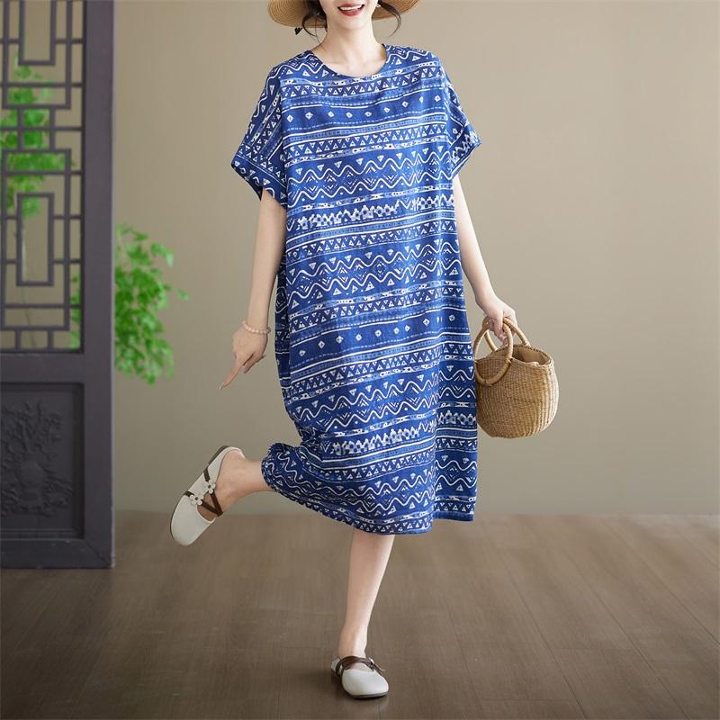 Short Sleeve Plus Size Cotton Vintage Floral New In Dresses for Women Casual Loose Long Summer Dress