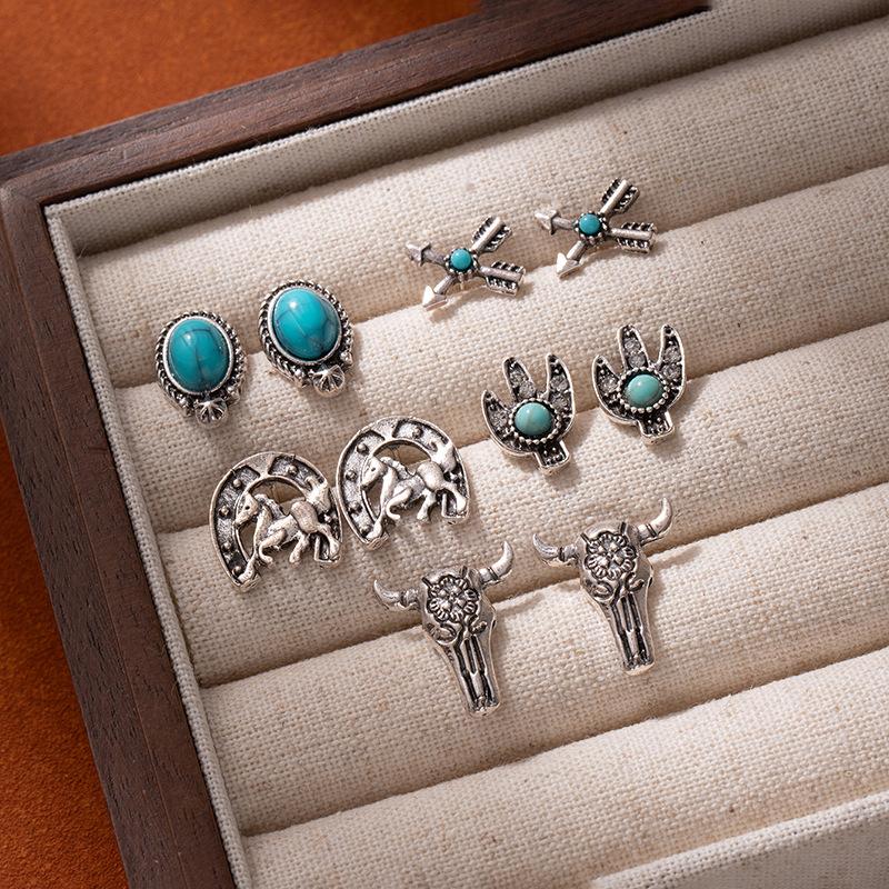 Vintage Ethnic Wind Turquoise Flower Earrings Carved Inlaid Turquoise Square Ear Needles Female Bohemian Ethnic Wind