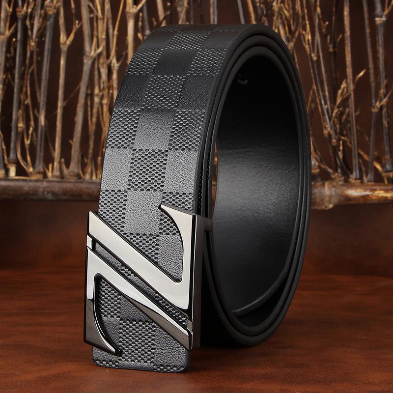 Men's Plaid Cowhide Belt with Stainless Steel Smooth Buckle
