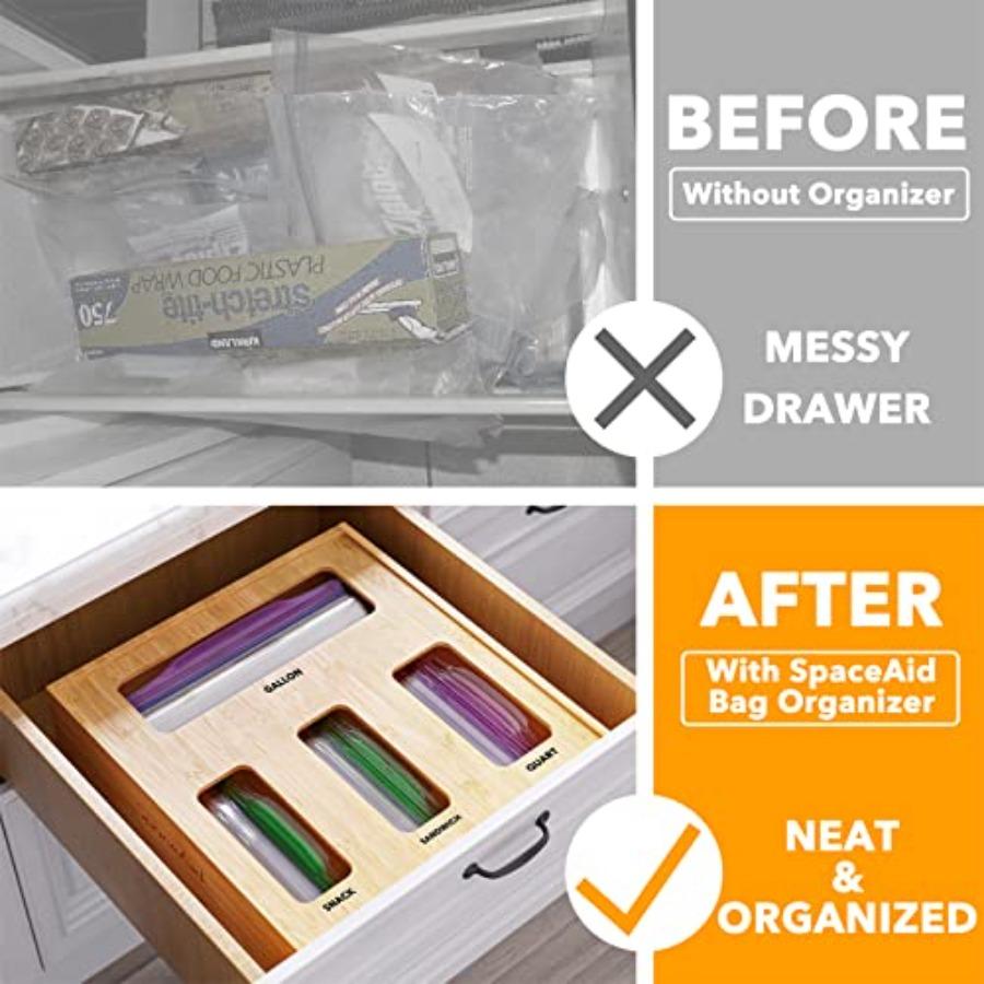 Organizador de Almacenamiento SpaceAid Bag para Cajón de Cocina Organizador de Bambú Compatible con Variedad de Tamaños: Galón, Cuarto, Sándwich y Bocadillo