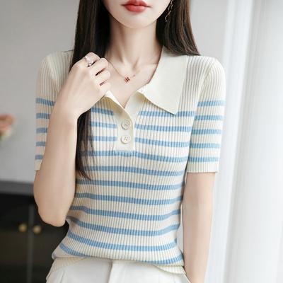 Damen Gestreiftes Kragen-Kurzarm-Strick-Poloshirt