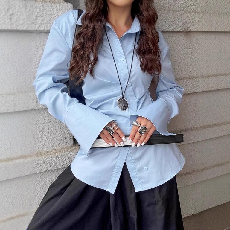 French Temperament Lapel White Shirt Women's 1116 Spring Professional Waist Inner Long-sleeved Women's Shirt Women's Clothing