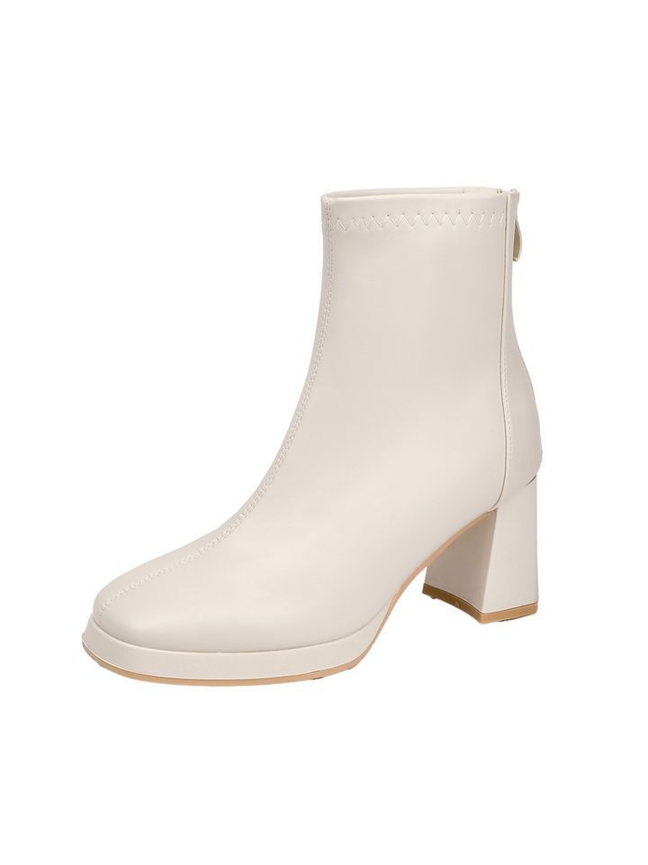 White high-heeled thin boots women's autumn 2025 new waterproof table French short boots square head small Martin boots