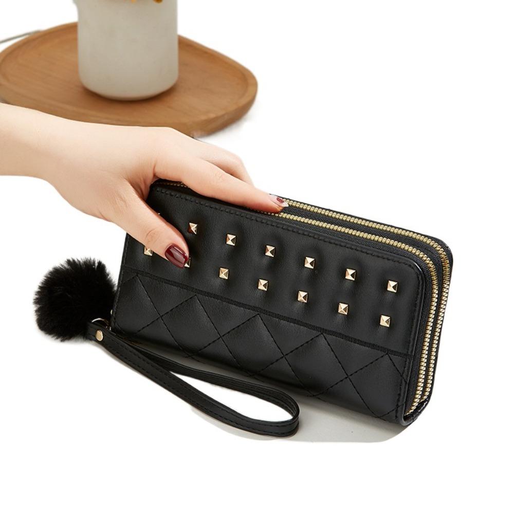 Rivets Woman Clutch Wallet Soft Plush Ball Square Card Bag Simple Women Long Purse Female