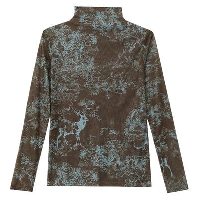 Printed Half-high Neck Mesh Long-sleeved T-shirt Base Shirt for Women In Autumn Underwear Fashionable Top
