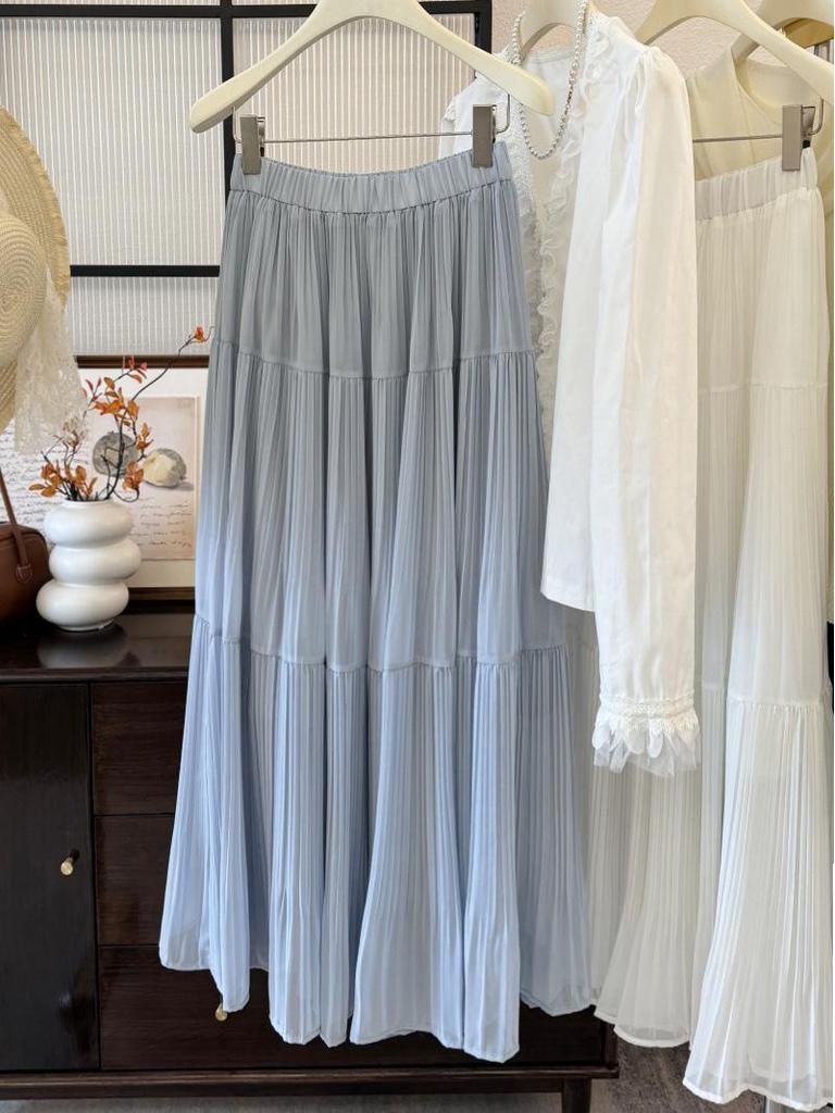 French Retro Elegant High-Waist Chiffon Midi Skirt