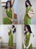 Er Yang Design French Floral Green Halter Neck Maxi Dress, V-neck Sleeveless Long Dress for Women