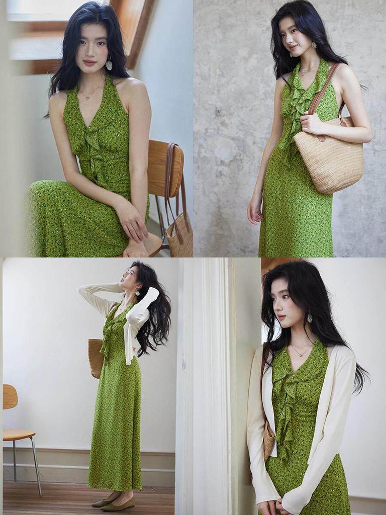 Er Yang Design French Floral Green Halter Neck Maxi Dress, V-neck Sleeveless Long Dress for Women