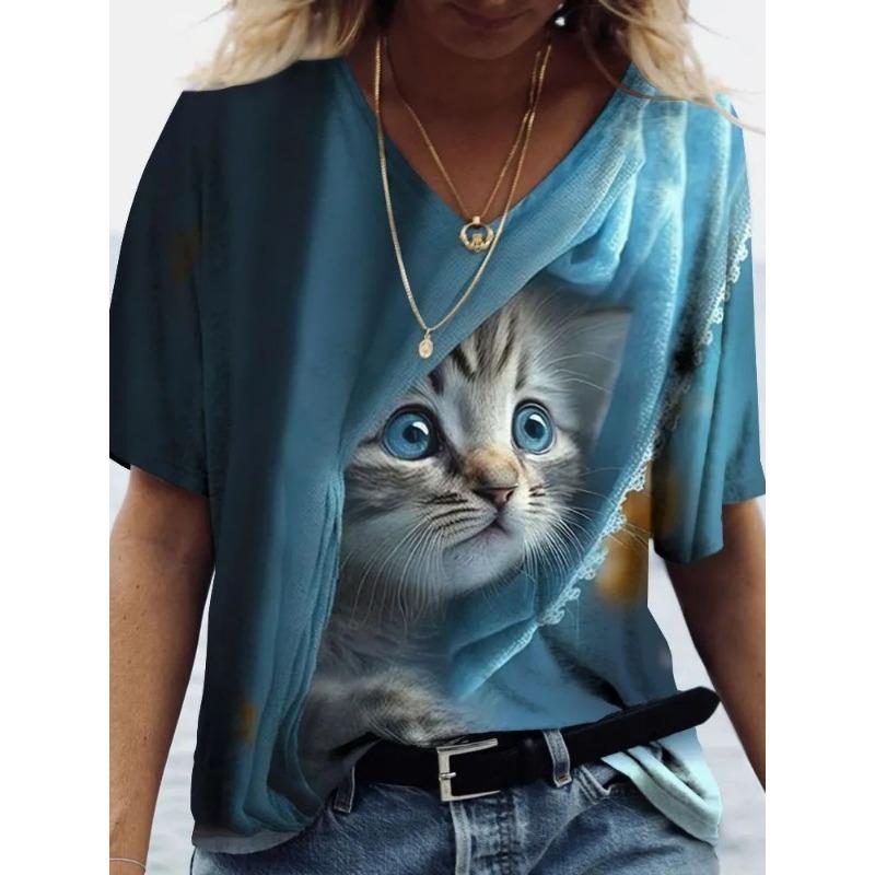 Women's V-neck Short-sleeved T-shirt with Cute Kitten Print