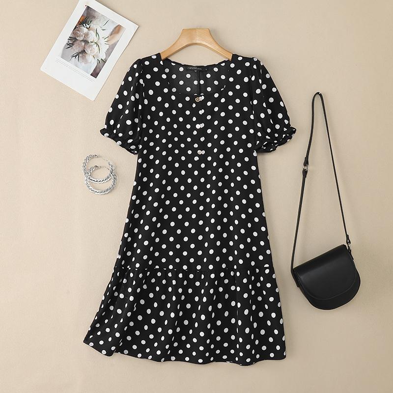 

ZANZEA Женское летнее повседневное платье с квадратным вырезом, коротким рукавом и принтом в горошек чёрный