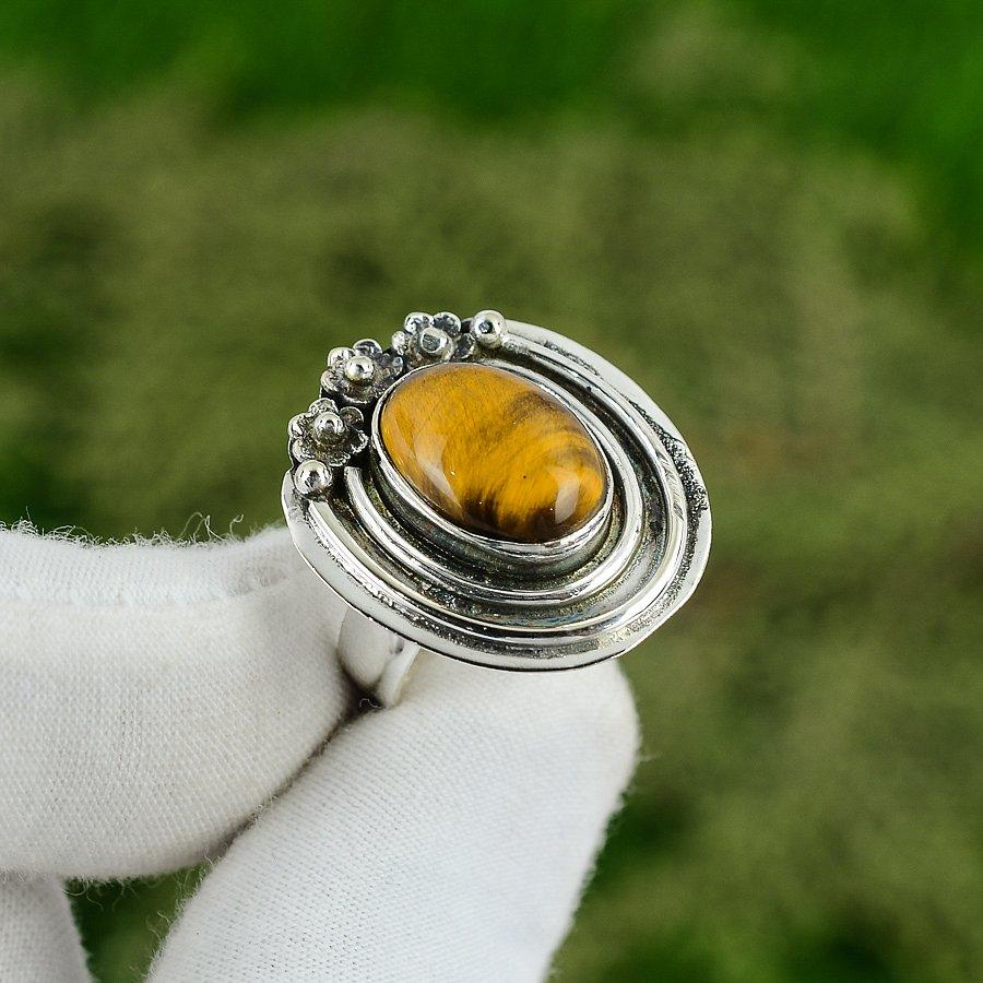 Natural Tiger Eye Gemstone Promise Adjustable Ring 925 Sterling Silver For Girls Adjustable