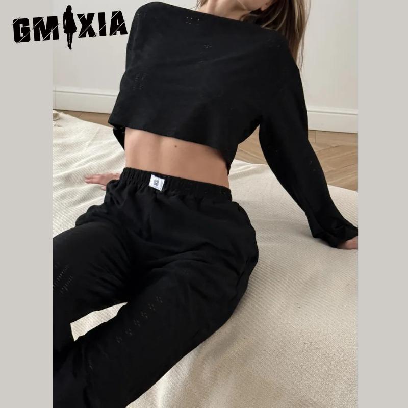 

GMXIA Женский повседневный костюм с вырезами, модный, простой, свободный пуловер, длинный рукав, длинные брюки S чёрный