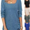 Women's Square Neck Long Sleeve Loose Casual Solid Rib Knit Tunic Top Blouse