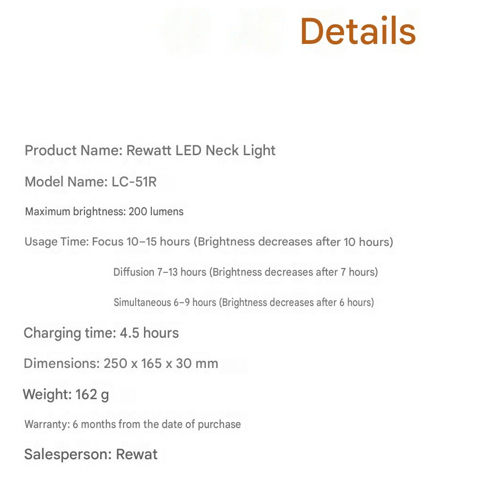 Rewatt Motion Detect LED Neck Light Rechargeable Lantern Hiking Camping Fishing Work Light LC-51R, White/Black