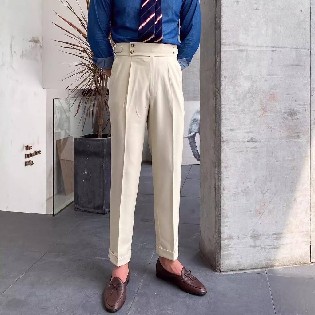 Neue Herrenhosen Neapolitanisch Britischer Fall Hohe Taille Gerade Hosen Herbst Freizeit Hosen Trendige Hosen