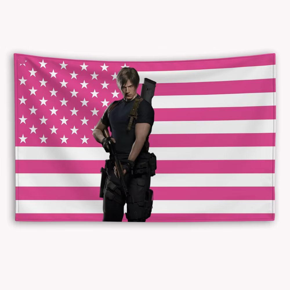 Nuovo Stendardo Rosa con Bandiera Americana di Leon Kennedy Arazzo Decorativo Stampato Piatto Personalizzato per Camera da Letto Esterno Garage Pubblicità