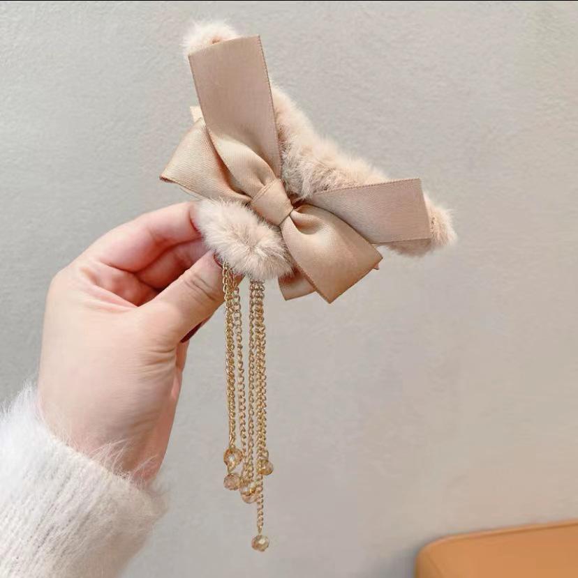 Autumn/Winter Large Pearl Tassel Bow Hair Clip with Plush Shark Design