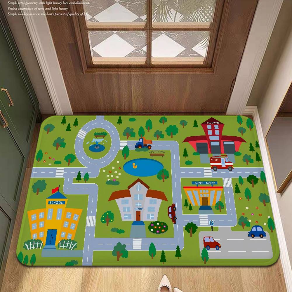 Child Urban City Road Traffic Learning Interactive Game Kitchen Mat Kids Room Bedroom Decoration Balcony Anti-Slip Doormat