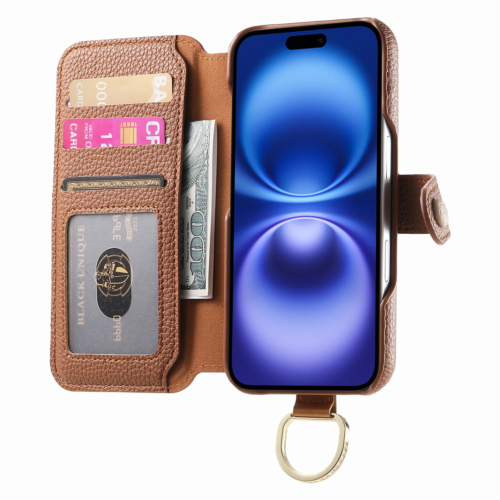 

For iPhone 16 Plus Case RFID Blocking Zipper Wallet PU Leather Mobile Cover Brown