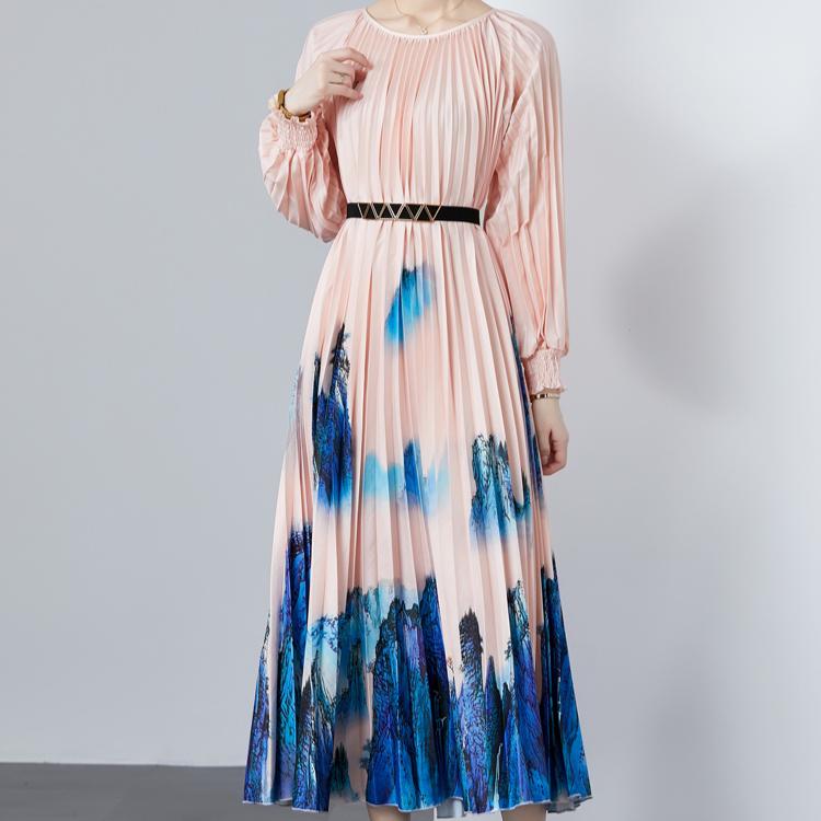 Spring Autumn Women Full Sleeve Print Oversized Long Maxi Holiday Party Pleated Dresses with Belt