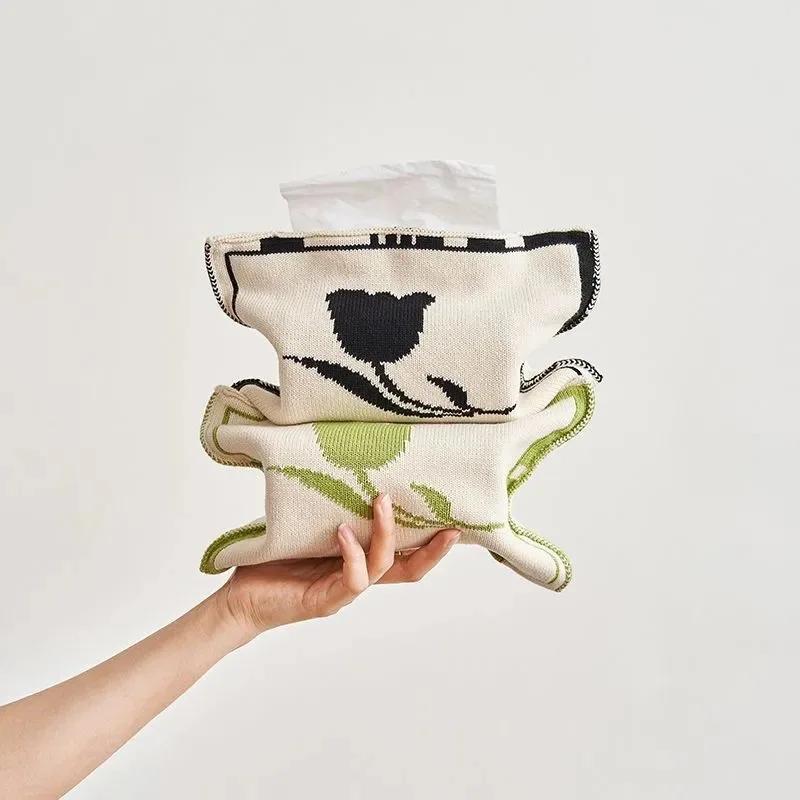 Nordic Ins Heart-pattern Knitted Tissue Bag Living Room Table Tissue Box Paper Storage Desktop Decorative Tissue Case Paper Box