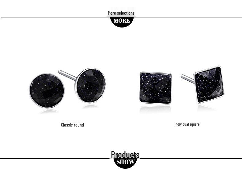 925 Sterling Silver Black Gold Sand Crystal Earrings, Korean Style Fashion Men's Studs