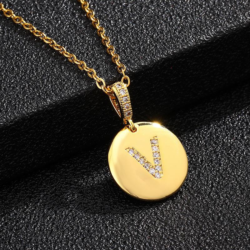 Letter Necklace Fashion 26 One Letter Copper Inlaid Cubic Zircon Vacuum Plating Stainless Steel Chain Necklace
