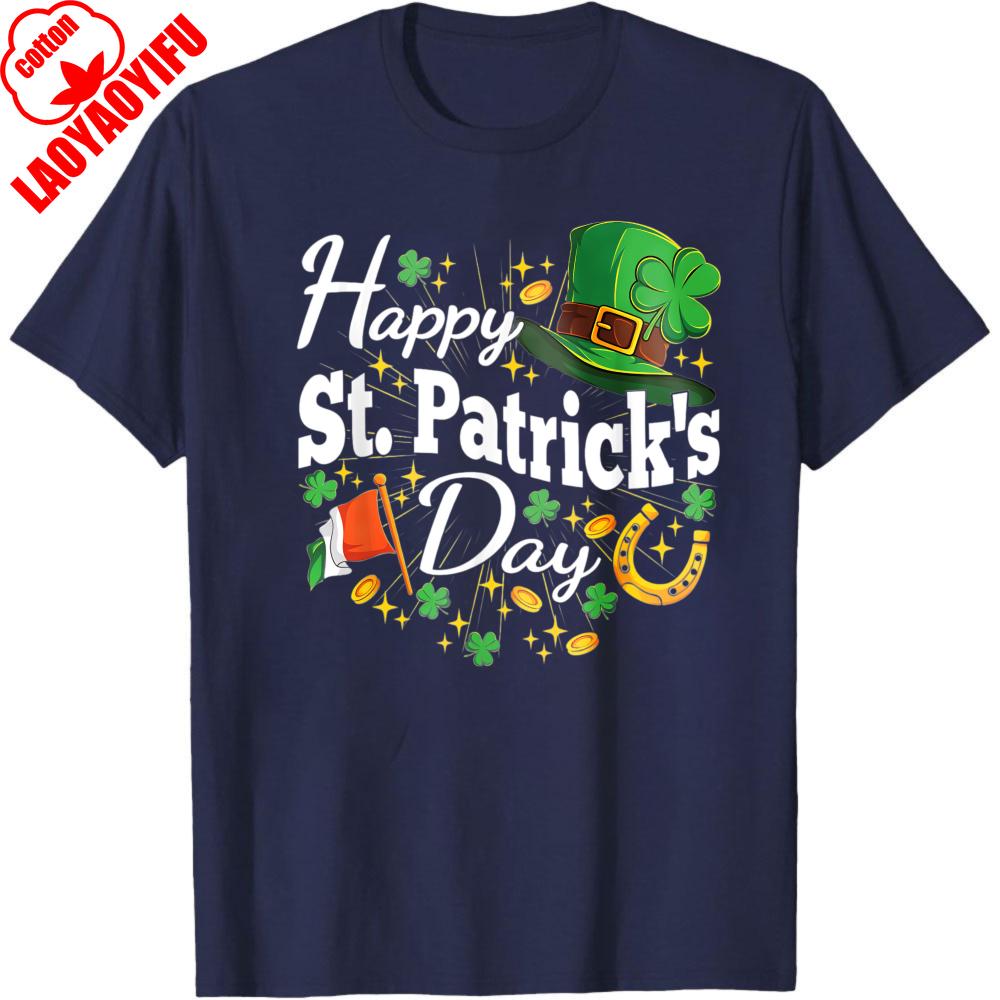 Happy St Patricks Day Irish Hat Shamrocks Horseshoe Flag Party Gift for Him Cotton Short Sleeve Crew Neck Casual Men T Shirt