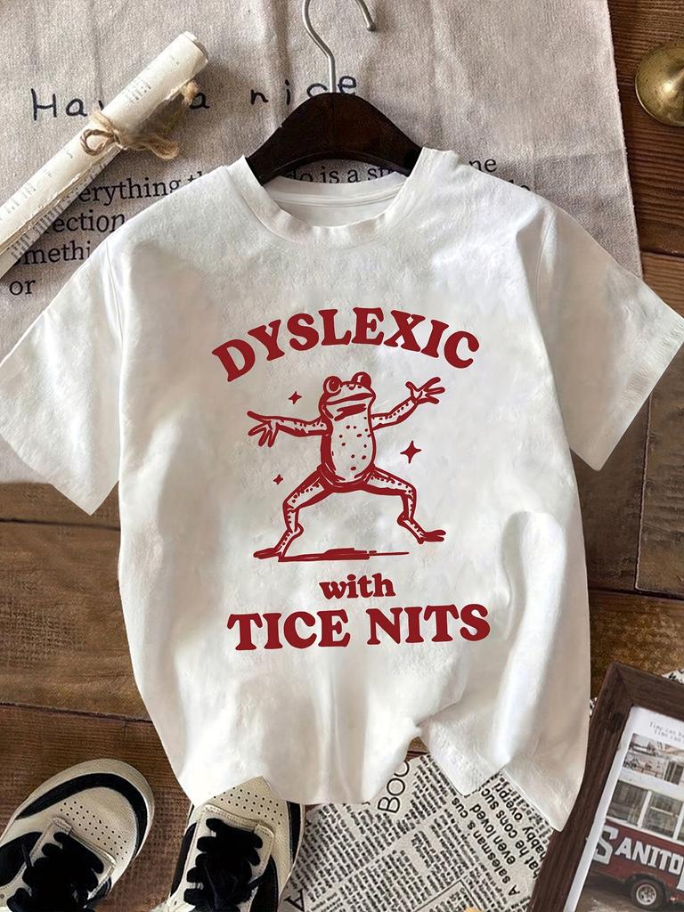 Ladies Round Neck Design Trendy And Personalized Cartoon Frog Pattern Letter Printing Casual And Comfortable Tshirt