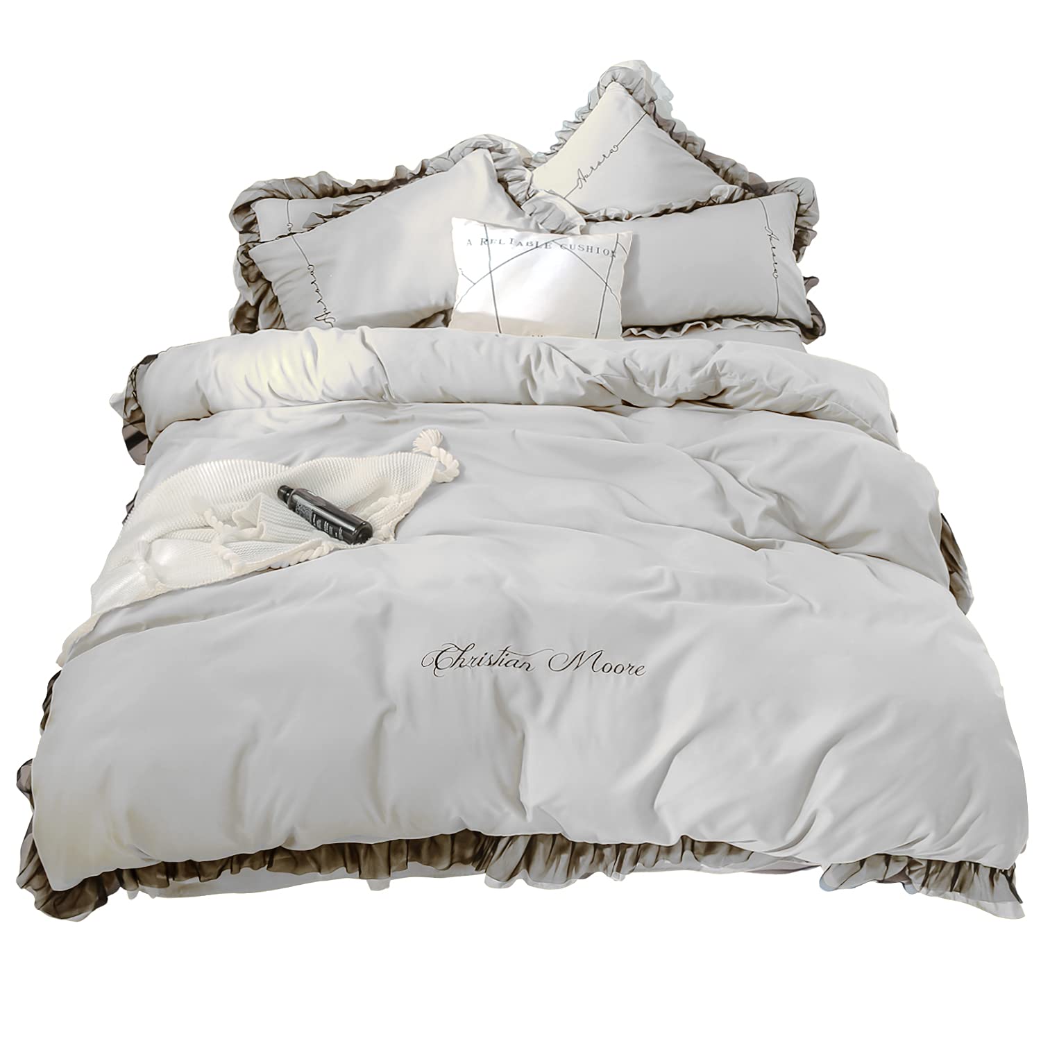 

Вышитое постельное белье с листьями лотоса, включая пододеяльник, простыню на резинке и комплект, наволочки, машинная стирка. быстросохнущие. (Серебристо-серый,