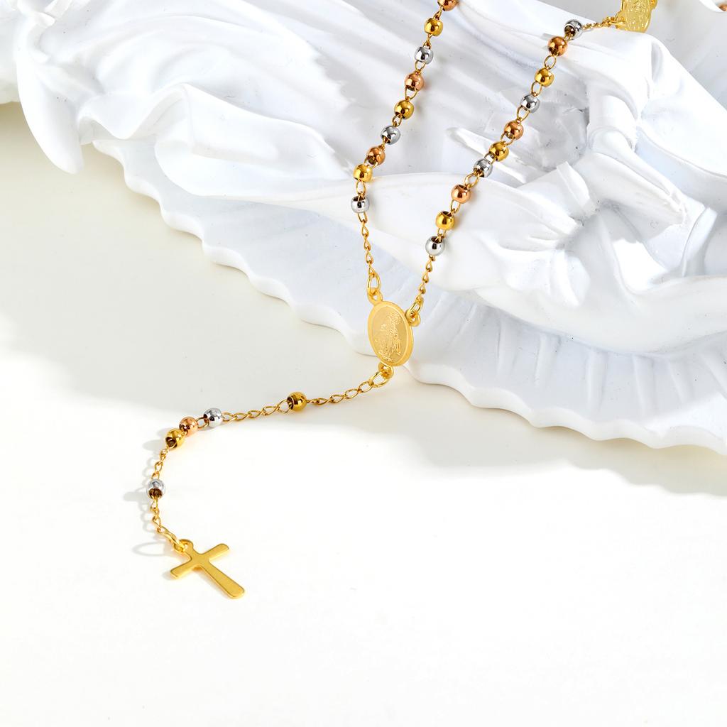 Vnox Long Rosary Necklace Accesorios Stainless Steel Virgin Mary Oval Bar With Cross Pendant Fashion Jewelry
