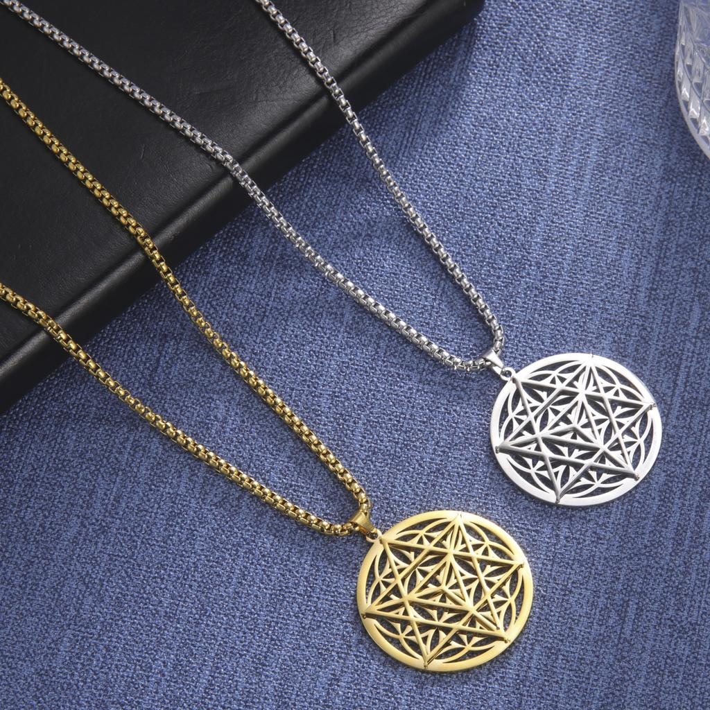 LIKGREAT Złoty Kolor Okrągły Kwiat Życia Merkaba Wisiorek Naszyjnik Amulet Medytacyjny Biżuteria ze Stali Nierdzewnej Prezenty na Walentynki