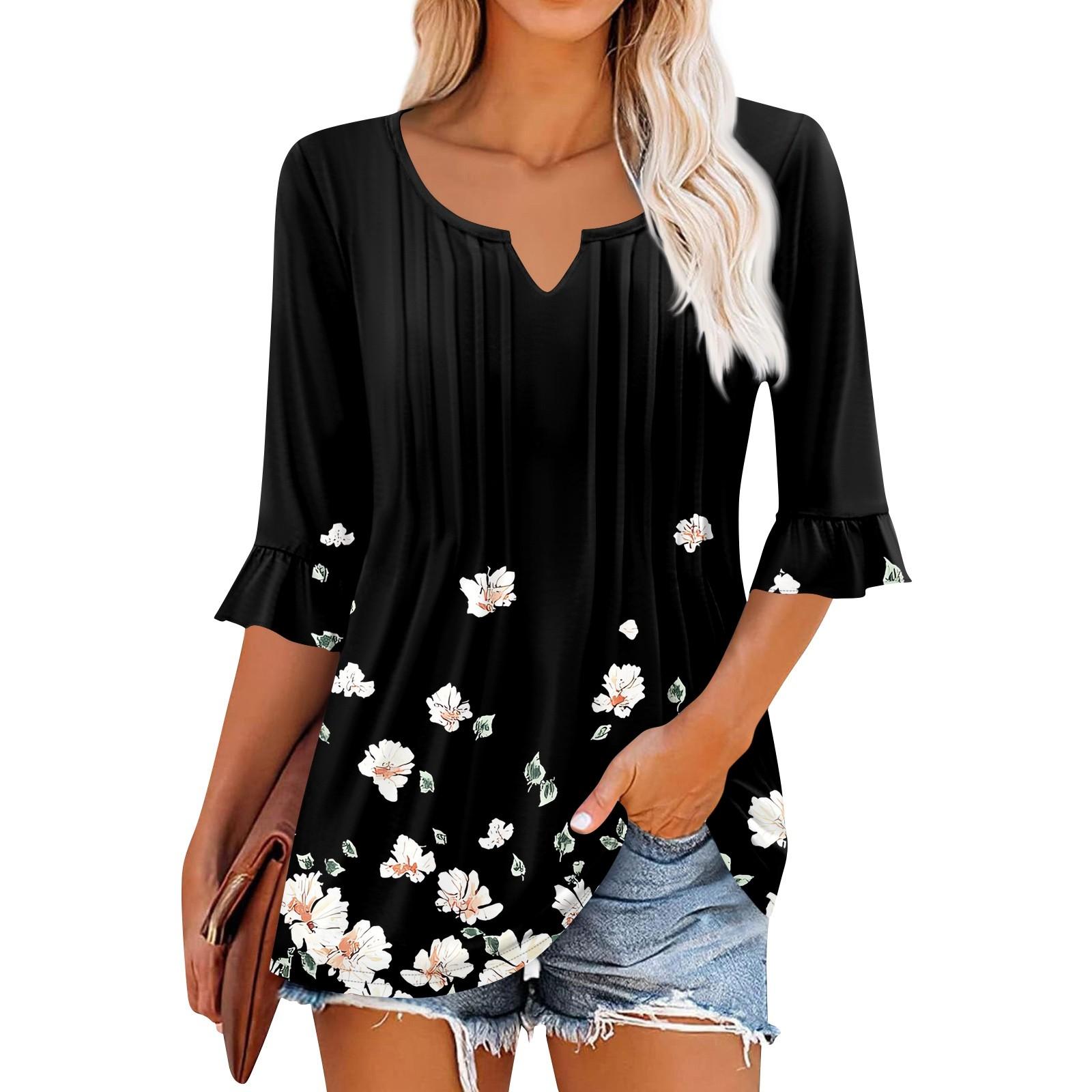 

3/4 рукава топы для женщин повседневные оборки V-образный вырез футболки рабочие блузки нарядные туники топы L чёрный