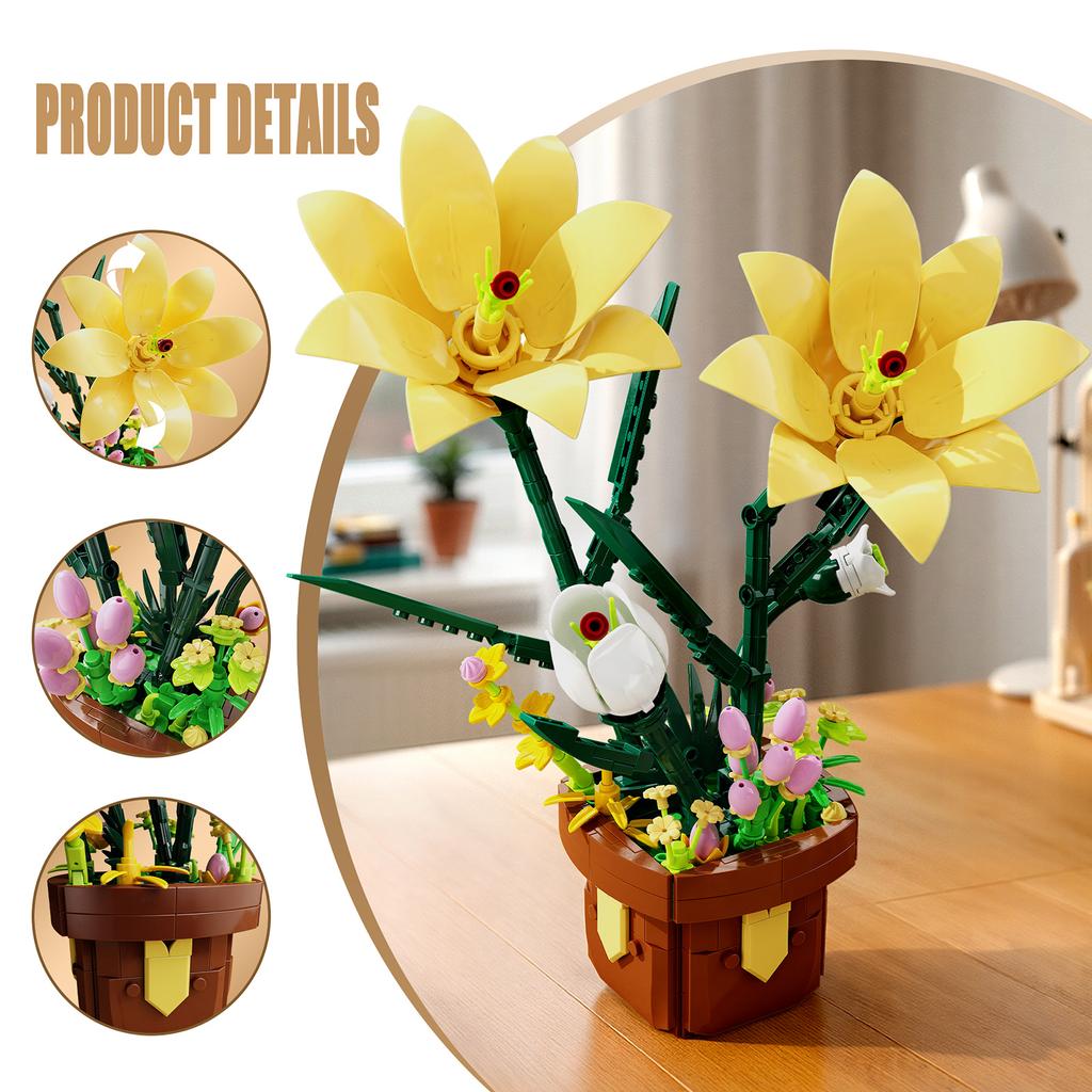 Non-Toxic 296Pcs Lily Flower Potted Plant Building Block Flower Model Puzzle Toys Sets New Year Christmas Birthday Gifts