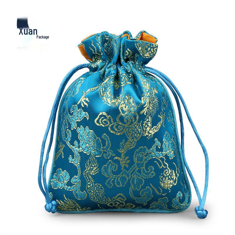 Dragon Brocade Silk Drawstring Jewelry Pouch - Buddhist Bead Ornament Gift Bag