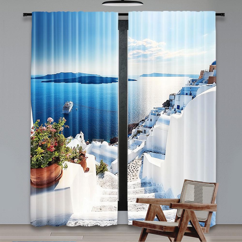 2Pcs Greece Santorini Island Curtains White Houses Architecture Stairs Sea Ship Mountains Scenery Curtains