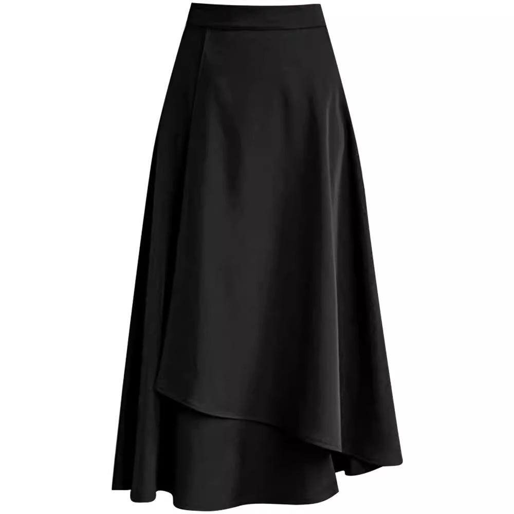 Women's Plus Size Black A-Line Midi Skirt - High Waist, Irregular Hem, Korean Style, Spring/Summer 2024 Collection