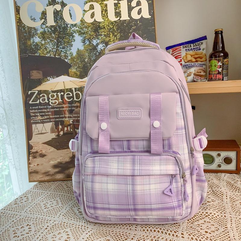 Schoolbag New College Style Women's Plaid Contrast Color Large Capacity Backpack Junior High School Students Elementary School Students Two-piece