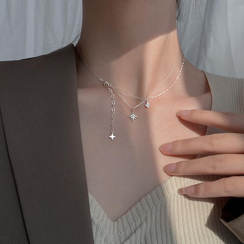Flash Diamond Hexagram Necklace Niche High-End Ins Temperament Fringed Double-Layer Collarbone Chain Women'S Accessories Quality