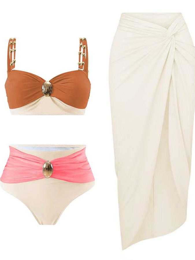 Women's 2026 European Color Block High Waist Bikini Set - Gold Plated Round Details, Sexy New Split Swimsuit