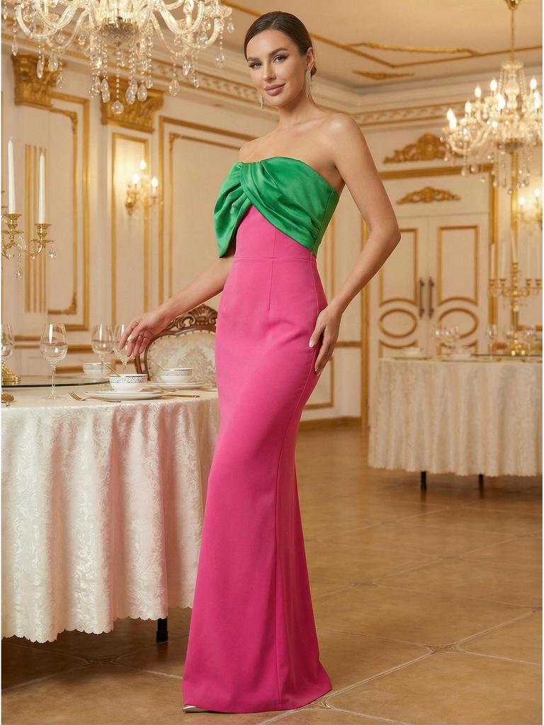 Elegant European & American Strapless Contrast Color Mermaid Evening Gown