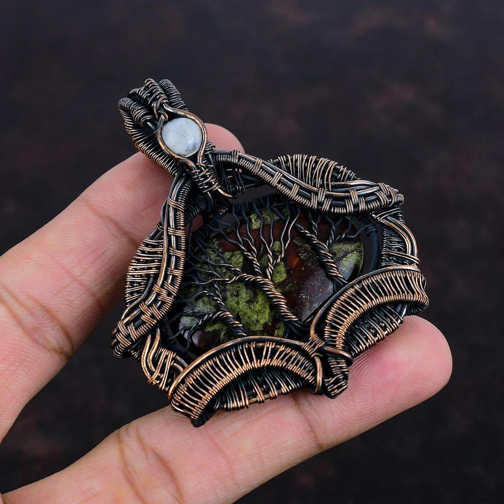 Tree Of Life Dragon Bloodstone Pendant Copper Wire Wrapped Pendant Handmade Jewelry Rainbow Moonstone Pendant Wedding Gift Gemstone Jewelry