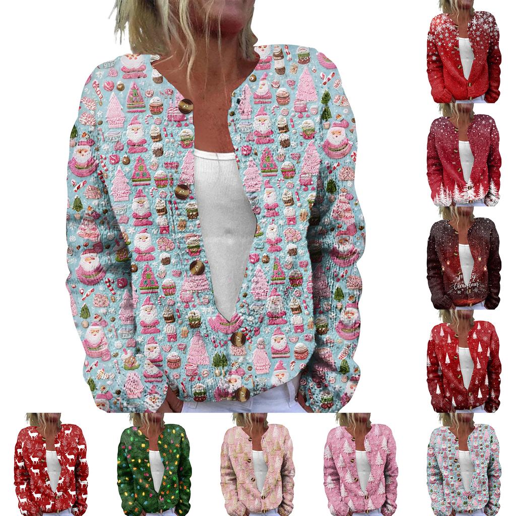 Women's Fashion Christmas Printed Long Sleeve Knitted Cardigan Button Down Jacket