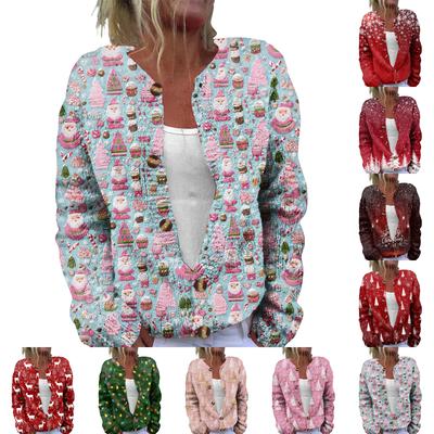 Women's Fashion Christmas Printed Long Sleeve Knitted Cardigan Button Down Jacket