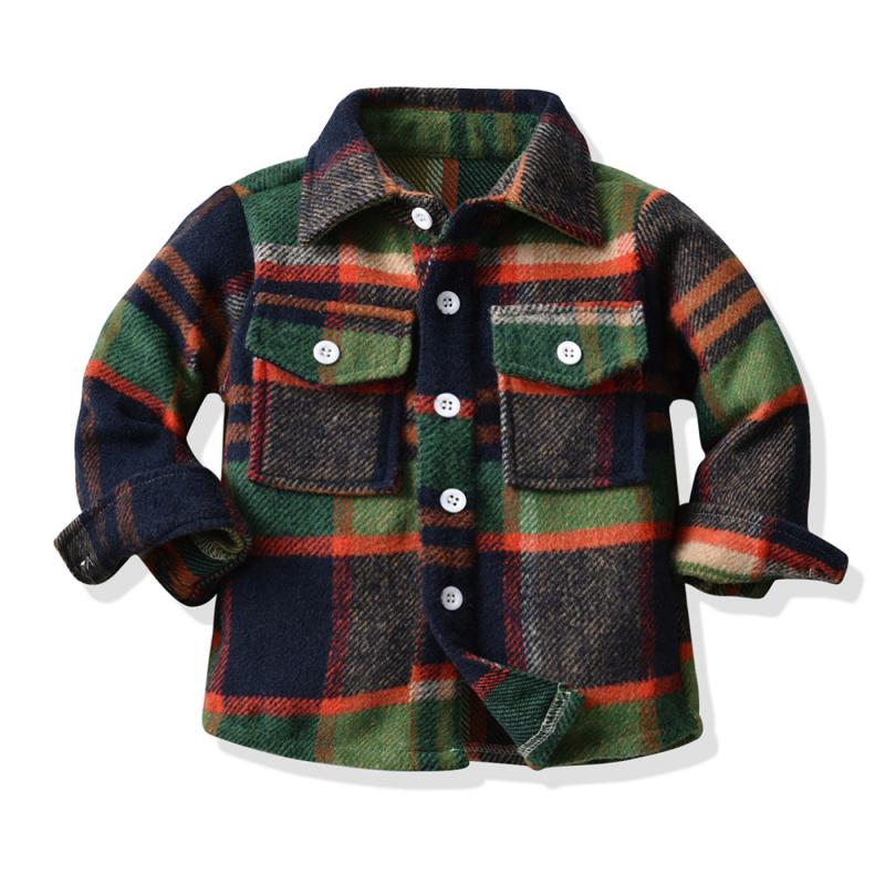 Autumn Boys' Jacket Korean Version New Children's Neutral Plaid Turn-Down Collar Brushed Long Sleeve Top Trendy Short Cardigan