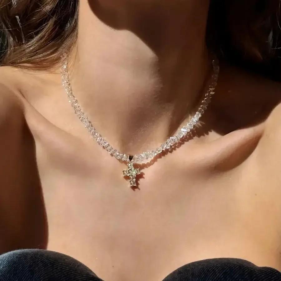 Fashion Vintage Sexy Ceramic Heart Pendant Necklace for Women Female Boho Geometric Baroque Double-layer Crystal Chain Jewelry