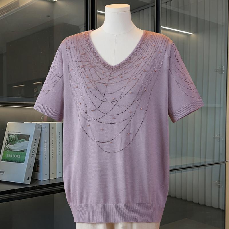Women Plus Size V‑Neck Short Sleeve Knit Top Rhinestone Beaded Casual Knitted Sweater